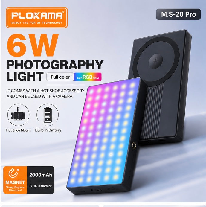 PLOKAMA M.S-20 Pro – Lampe LED RGB 6W Magnétique pour Smartphone & Caméra
