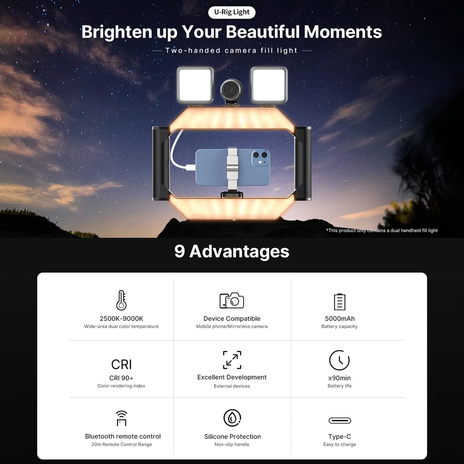 Neepho NP-L5 – Stabilisateur Smartphone avec Double Poignée & LED